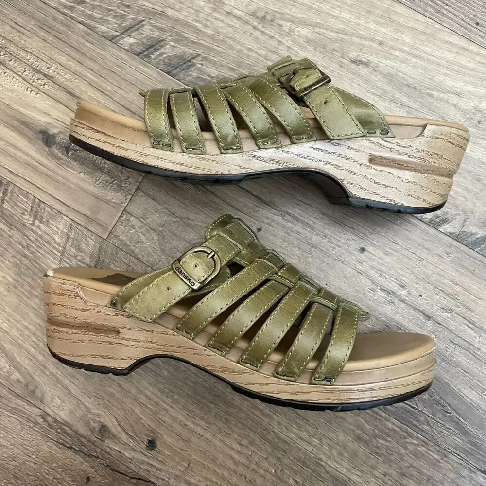 DANSKO Marion Olive Green Leather Strappy Slip On Sandals